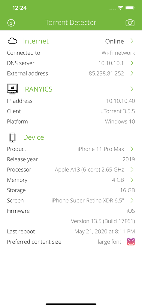 Torrent Detector - Screenshot of the Torrent Detector app showing internet connection status and detected torrent client information