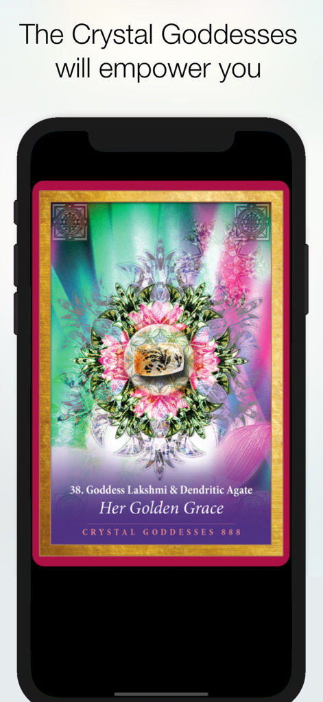 Crystal Mandala Oracle app screen displaying the Goddess Lakshmi and Dendritic Agate card