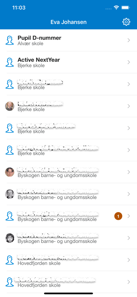 Interface of the Min Skole parent app displaying a list of students and their associated schools.