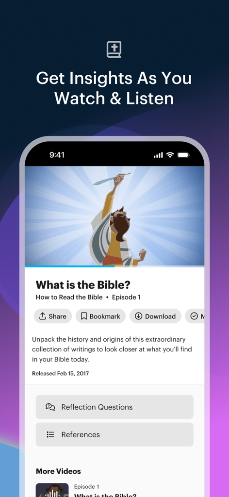 BibleProject app interface displaying a video lesson about the Bible with reflection questions and study resources