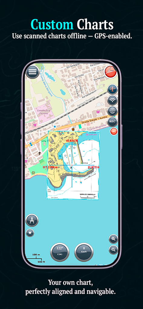 Benutzerdefinierte gescannte Karte überlagert in der Marine Navigation Lite App für die Offline-GPS-Nutzung
