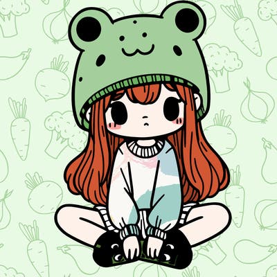 a girl wearing a frog hat and some frog socks