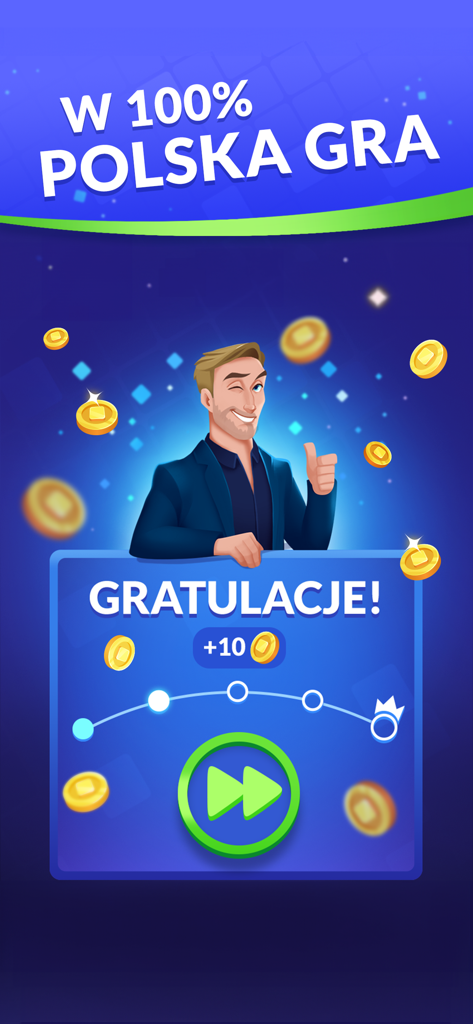 Slowo Mania reward screen with Polish text and a character giving a thumbs up