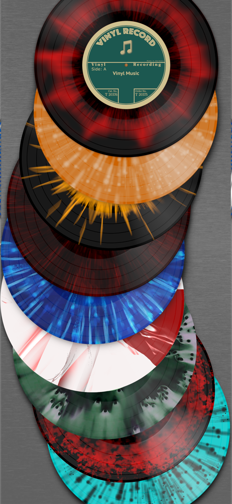 Vinyl Record - A stack of multiple colorful and patterned virtual vinyl records showing customization options