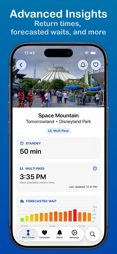 LineTime for Disneyland - Detailed wait times and forecasted insights for Space Mountain in the LineTime app