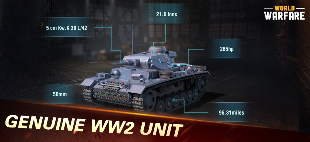 World Warfare - A detailed 3D model of a historical World War 2 tank with technical specifications highlighted in World Warfare game