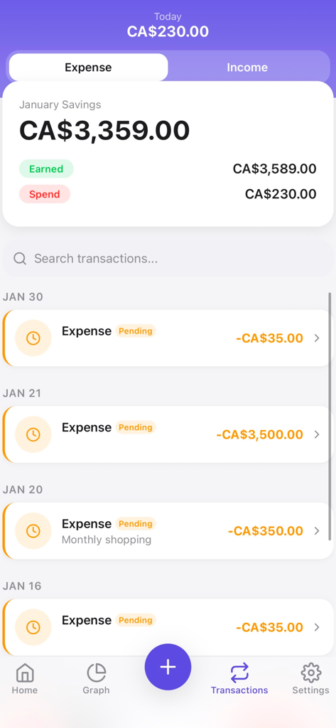 Steps Budget Tracker - Mobile app transaction history screen showing monthly savings summary and a list of pending expenses in a clean purple and white interface.