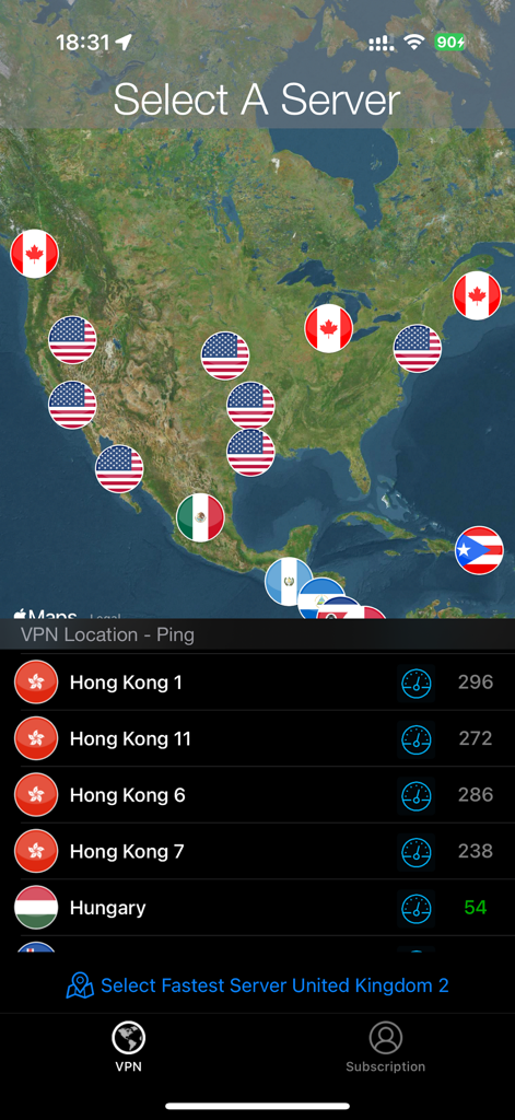 Global VPN - Global VPN interface showing a map of server locations and a list of regional servers with ping times