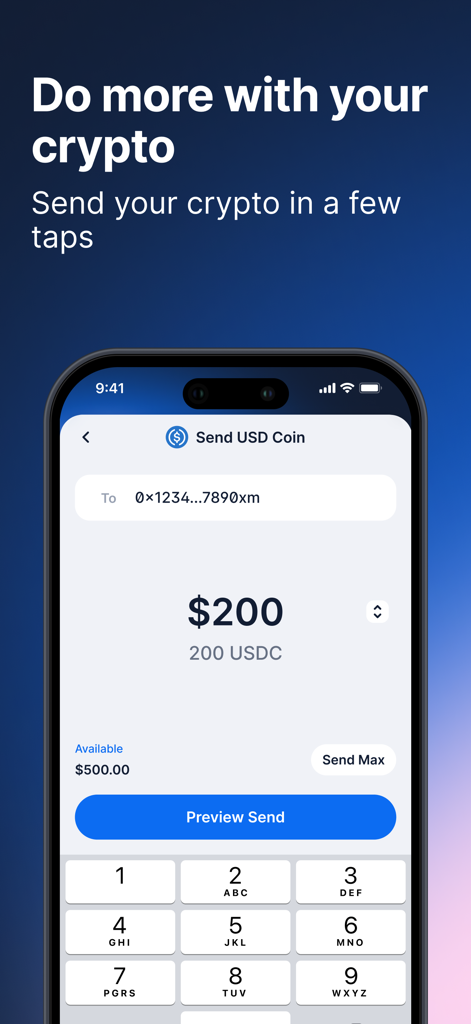 Blockchain.com: Buy Bitcoin - USD 코인을 보내기 위한 인터페이스와 미리보기 버튼을 보여주는 Blockchain.com 앱 화면