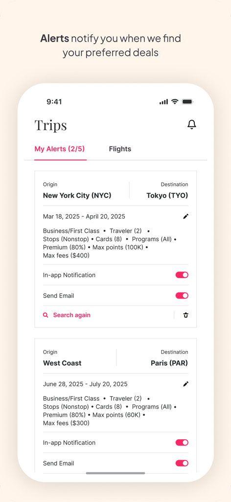 Interfaz de la aplicación Roame que muestra alertas de vuelos personalizadas para ofertas de viajes en clase ejecutiva y primera.