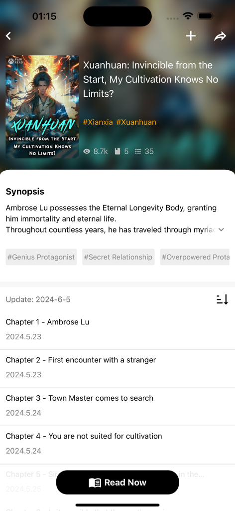 PawRead - Read Fantasy Novels - Una captura de pantalla móvil que muestra una página de detalles de novela de fantasía en la aplicación PawRead, incluido el título del libro, la sinopsis y la lista de capítulos.