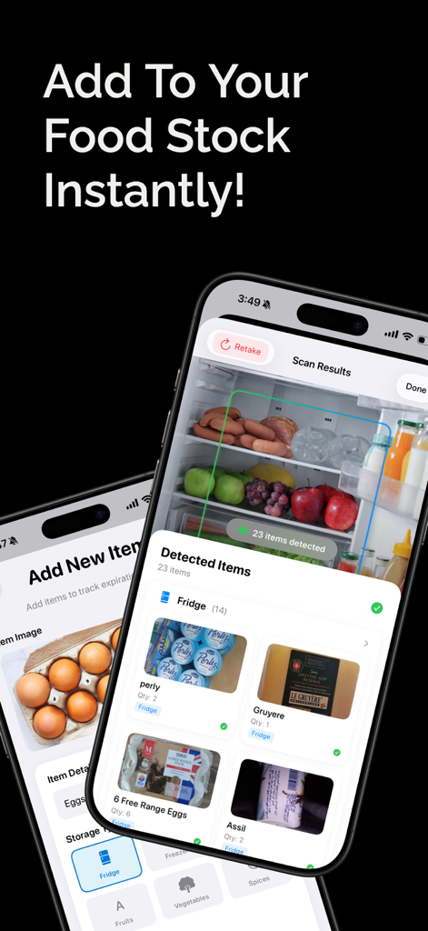 Food Stocks • Pantrino - Interface de l'application mobile montrant la détection par IA d'aliments dans un réfrigérateur pour le suivi de l'inventaire.