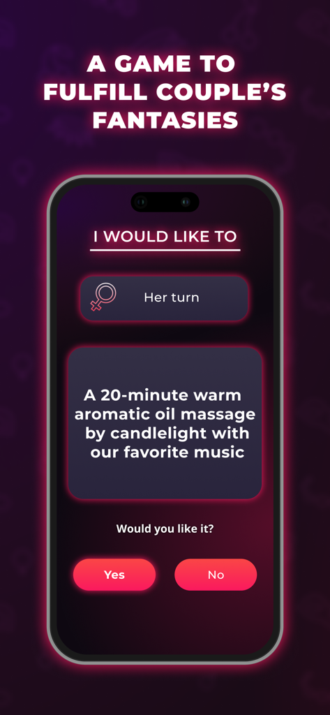 Couple Game – Secret Desires - Smartphone screen of Couple Game app showing a romantic massage fantasy card with yes and no selection buttons