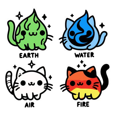 4 cats that represent the different elements, earth, water, air, and fire