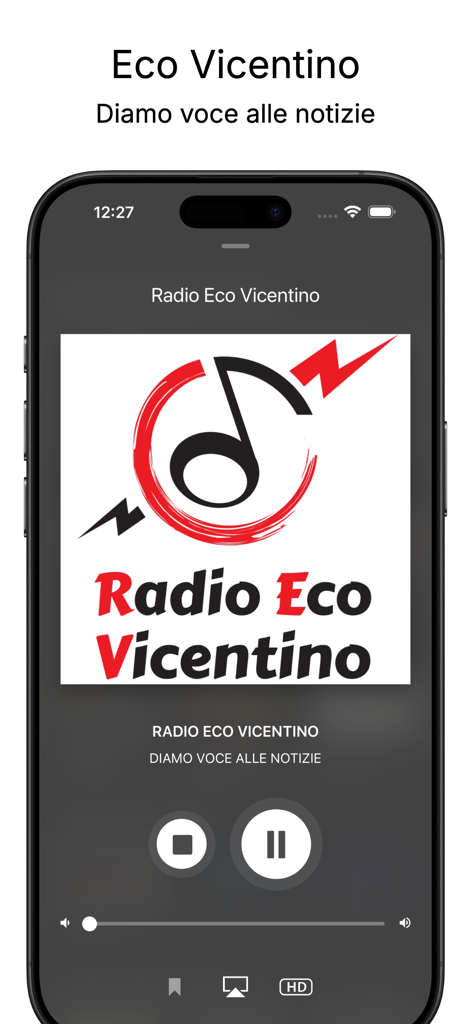 Eco Vicentino - Interfaz del reproductor de radio web de Radio Eco Vicentino dentro de la aplicación, con controles de reproducción y pausa
