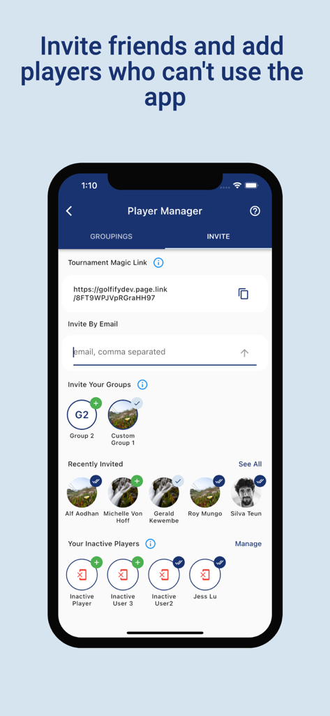 Golfify - Golf Tournament App - Golfify mobile app screen for inviting tournament participants with options for magic links email invites and managing inactive players.