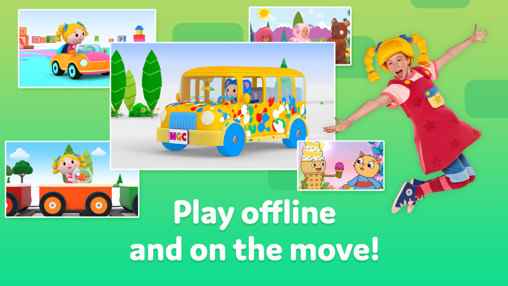 A collage of colorful animations and live-action characters from the Mother Goose Club app with text saying Play offline and on the move
