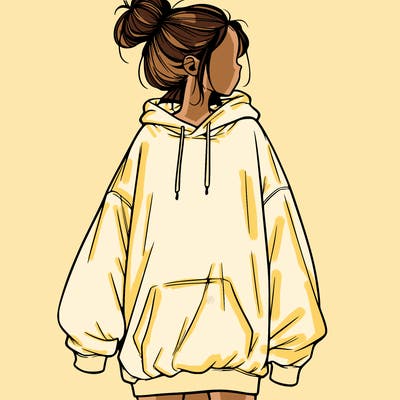 realistic girl with a oversized sweatshirt on and a bun