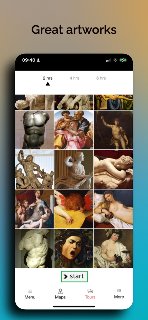 Audio Guide Uffizi Gallery - Screenshot of the Audio Guide Uffizi Gallery app showing a grid of famous artworks and tour duration options.