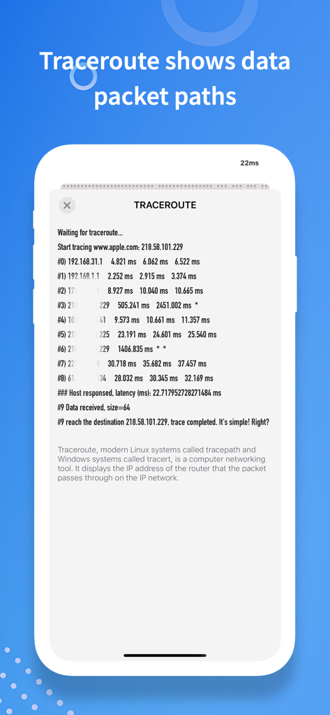 NetClash-Network's Vital Signs - NetClash App-Oberfläche zeigt einen Traceroute-Diagnosetest mit Datenpfaden und Latenzzeiten