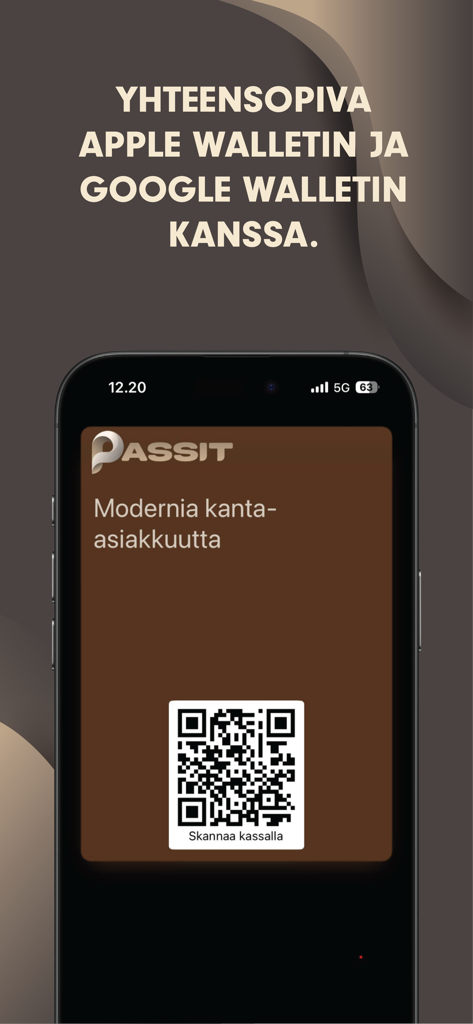 Smartphone screen showing the Passit App digital loyalty card with a QR code and Apple and Google Wallet integration text