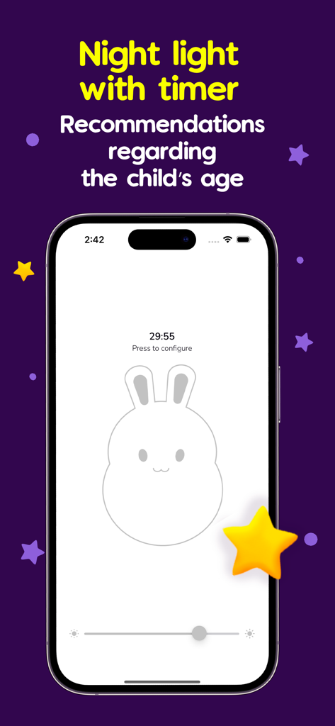 Smartphone screen displaying the DozZy app night light feature with a bunny icon and timer