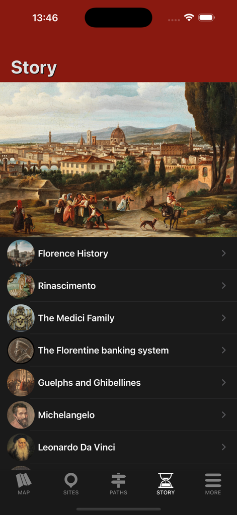 Florence Tour - Travel Guide - Menú de historia en la aplicación móvil Florence Tour que muestra temas culturales y artistas famosos.
