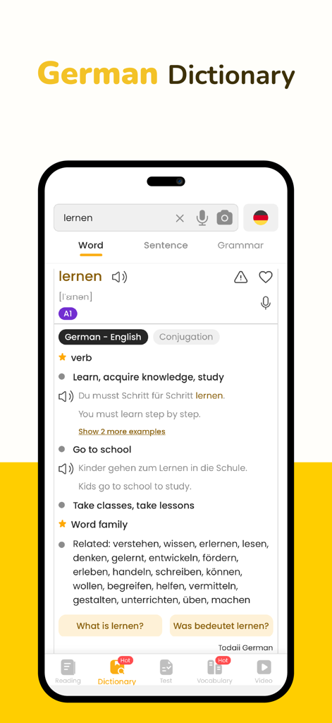 Todaii: Learn German A1-C1 - Screenshot of the Todaii German app showing a dictionary entry for the word lernen with definitions, examples, and word family details.