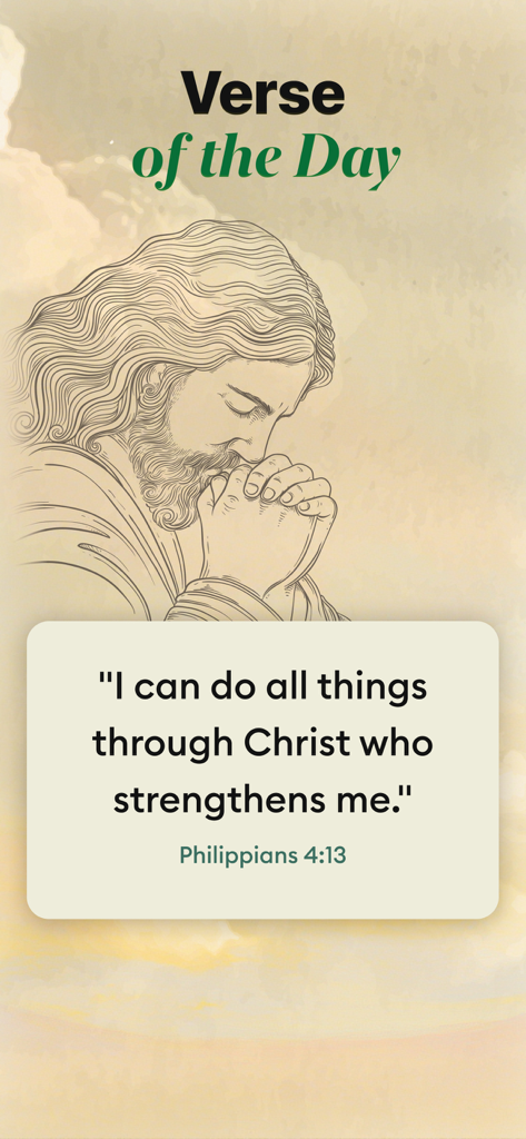 Holify: Bible Study & Chat - Holify app Verse of the Day featuring Philippians 4 13 and an illustration of Jesus praying