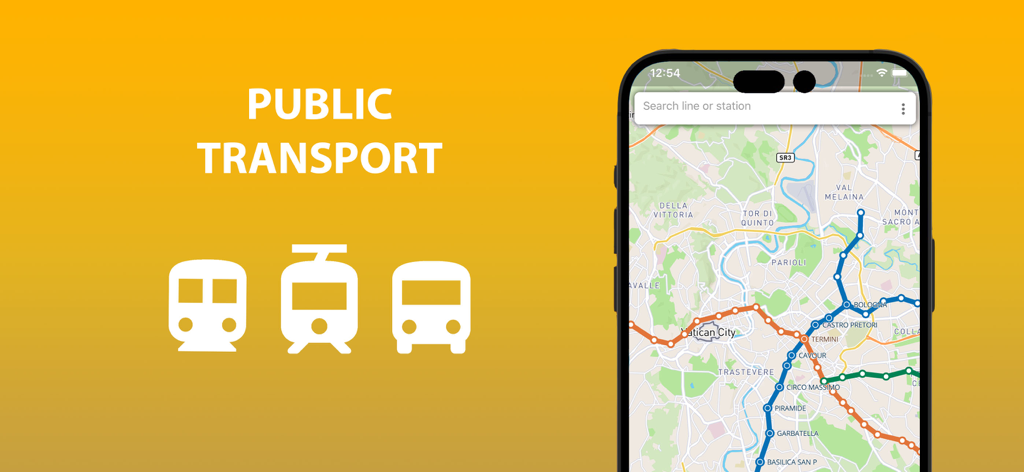 Public transport map Valencia - 노란색 배경에 지하철, 트램, 버스 아이콘이 있는 대중교통 지도를 표시하는 스마트폰