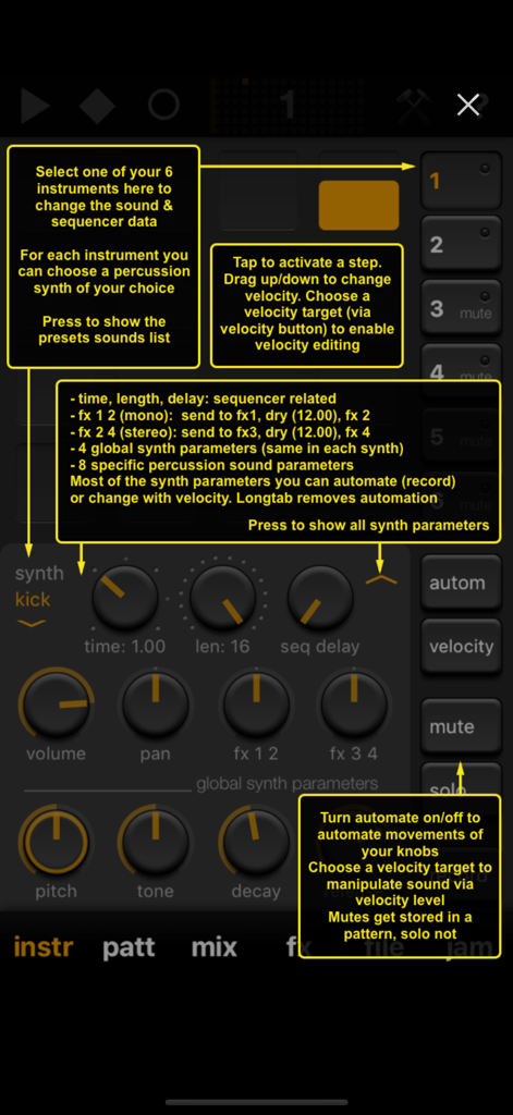 Elastic Drums - Elastic Drums app screen showing synth parameters and sequencer instructions