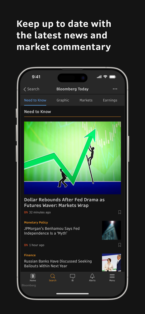 Bloomberg Professional - Bloomberg Professional app interface displaying financial news articles and market commentary on an iPhone.