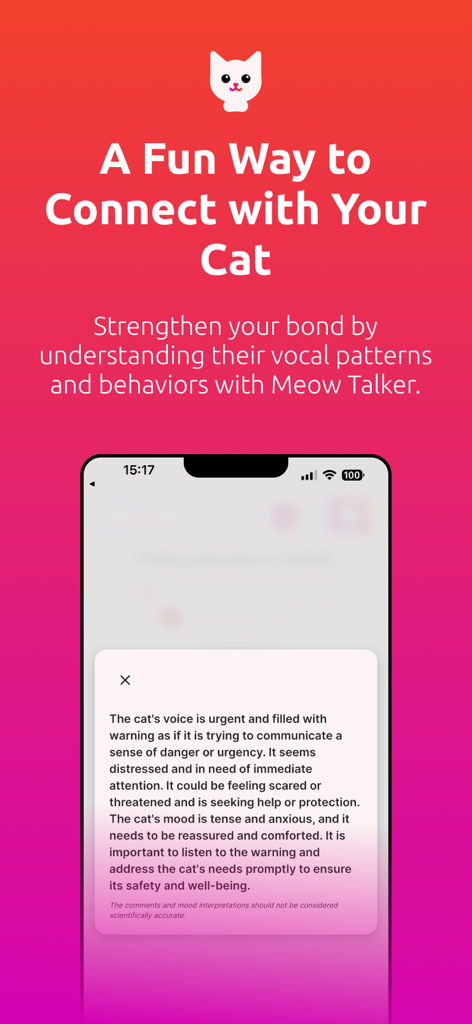 Cat Translator - Meow Talker - Uma tela de smartphone mostrando uma análise detalhada do miado e do estado emocional de um gato dentro do aplicativo Meow Talker.