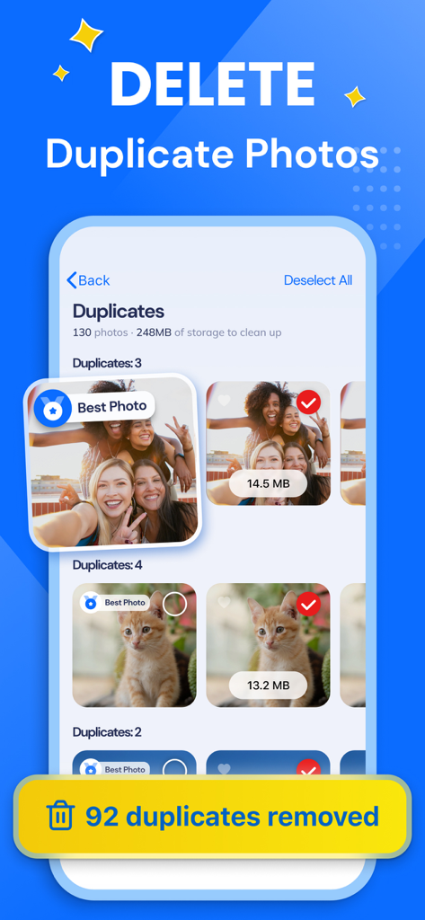 Clean Storage Now: Cleanup App - Cleanup App interface showing a list of duplicate photos with a Best Photo recommendation for removal