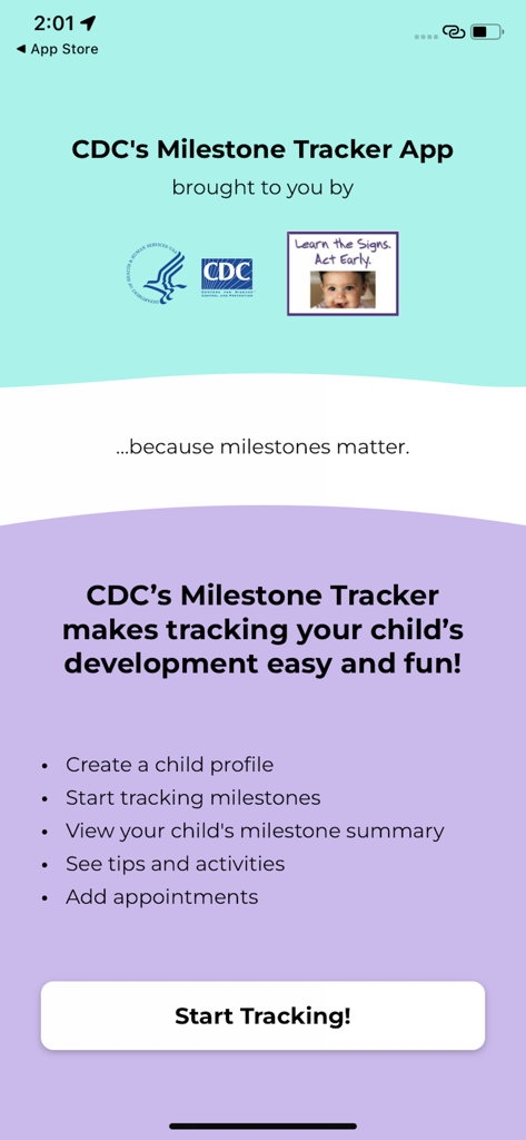 CDC's Milestone Tracker - Der Willkommensbildschirm der Meilenstein-Tracker-App der CDC, der Funktionen zur Verfolgung von Meilensteinen der Kindesentwicklung hervorhebt.