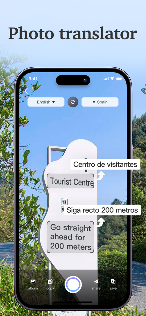 translation-Global translation - A smartphone screen showing the photo translator feature converting a Spanish sign into English