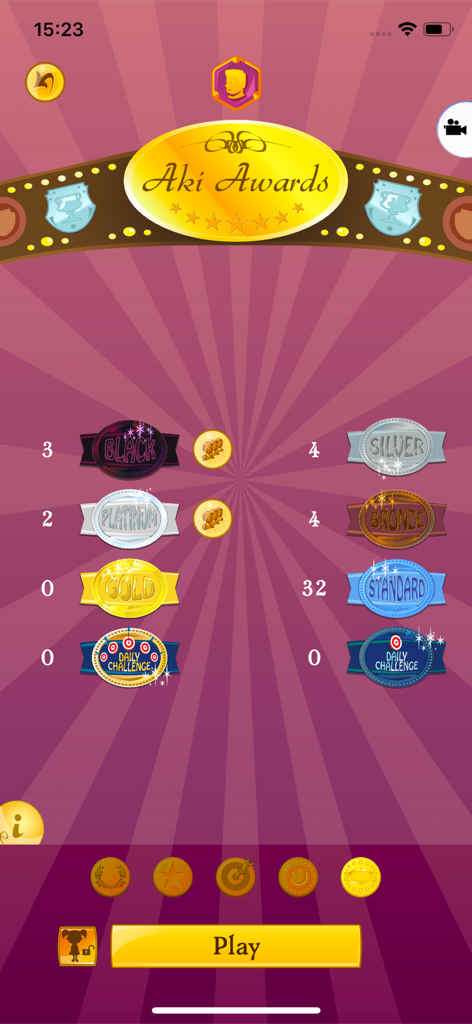 Akinator game screen showing the user collection of Aki Awards including Black and Platinum trophies