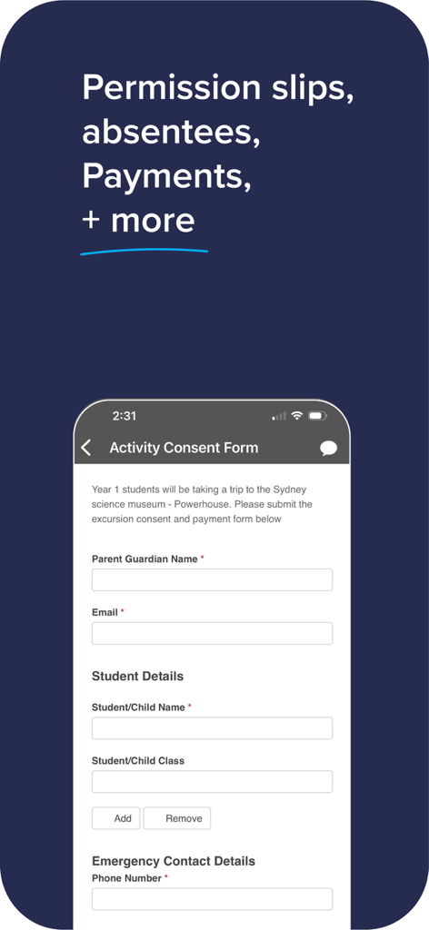 School Stream - The School Stream app interface displaying a digital activity consent form for a school trip