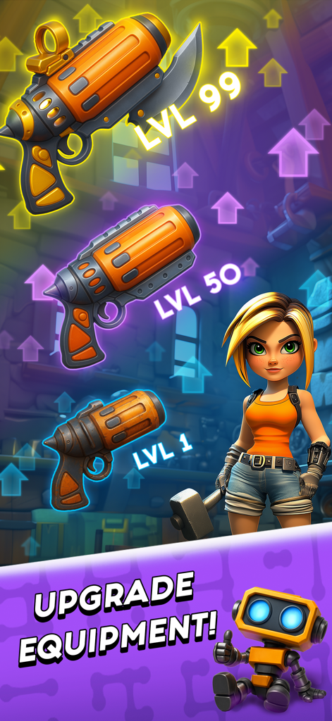 Guns vs Magic - Battle RPG - 女性ヒーローキャラクターが小型ロボットと3丁のディーゼルパンク銃の横に、異なるレベル段階でアップグレードシステムを示している。