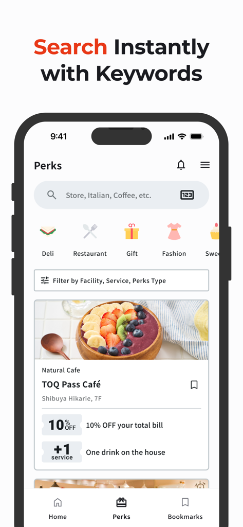 Shibuya TOQ Pass - Shibuya TOQ Pass app perks screen with search bar and restaurant discounts