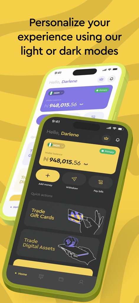Ridima: Sell Gift Cards - Ridima app user interface in light and dark modes showing wallet balance and gift card trading options