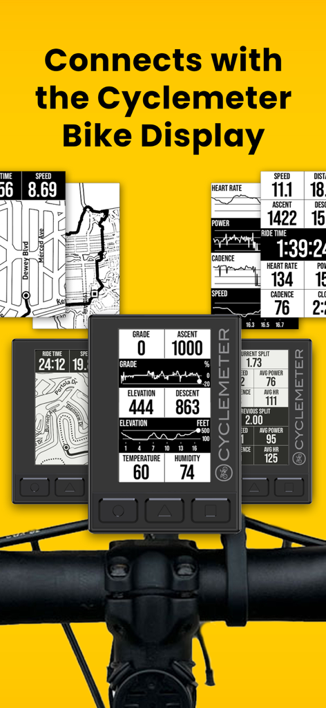 Cyclemeter app connected to a bike display on handlebars showing performance metrics like speed and elevation