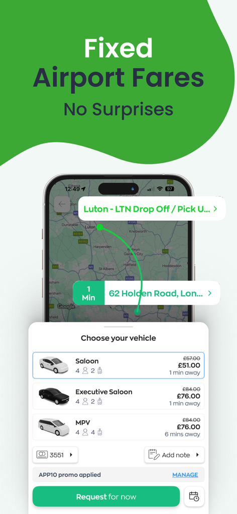 Abetta - Rides & Couriers - Abetta app booking screen for fixed price airport transfers in London