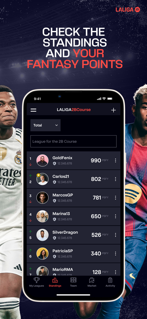 Pantalla de clasificaciones de LALIGA FANTASY Soccer Manager mostrando rankings de usuarios y puntos.