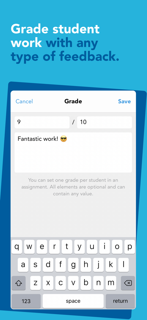 L'interface de l'application Showbie montre un enseignant attribuant une note et un commentaire textuel au travail de l'élève.