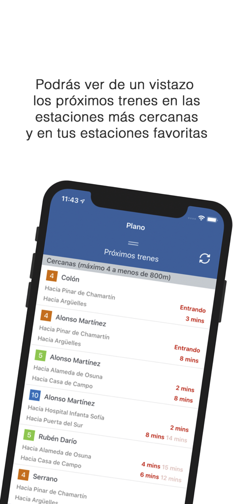 Pantalla de la aplicación MetroTiming que muestra los horarios de llegada de trenes en tiempo real para estaciones cercanas en Madrid