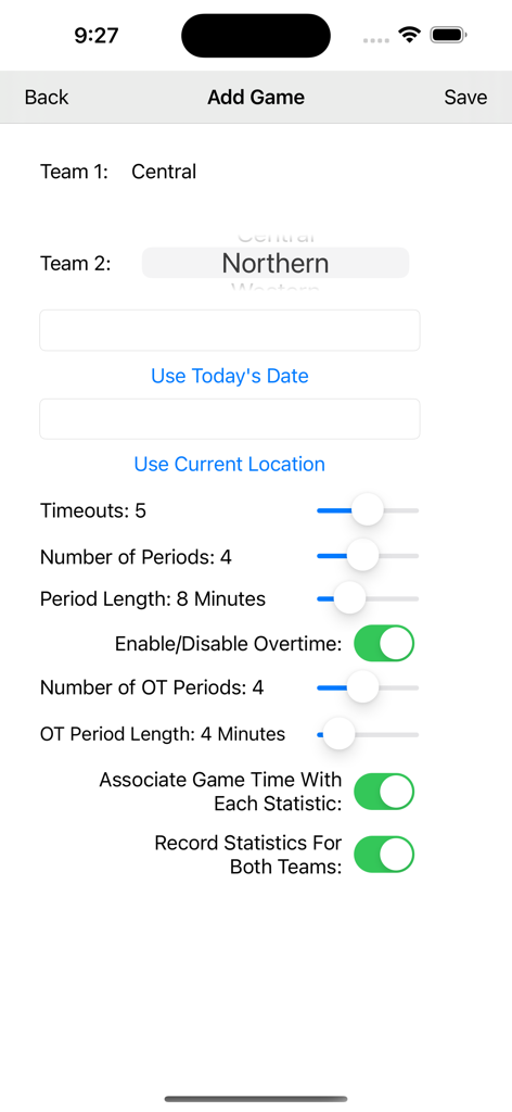 Basketball Analytics - 농구 분석 앱의 게임 추가 화면으로 팀 이름, 경기 시간 및 연장전 설정을 보여줍니다