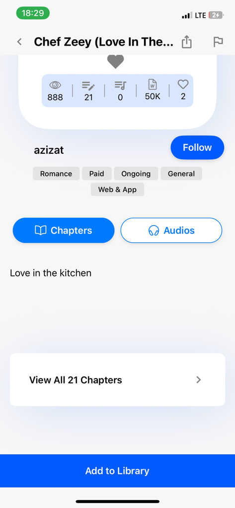 ArewaBooks - Interfaccia dell'app mobile ArewaBooks che mostra i dettagli di una storia d'amore, incluso il pulsante per seguire l'autore e l'elenco dei capitoli