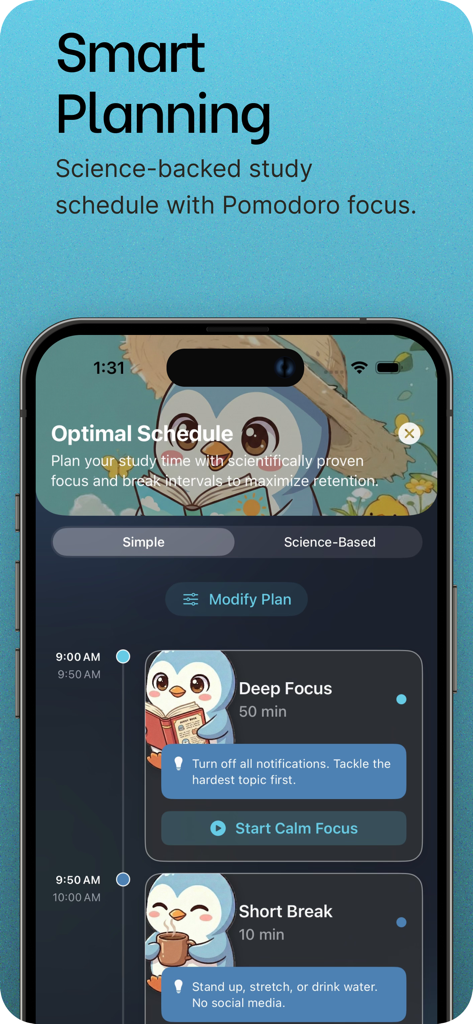 Pingo app interface showing a science backed study schedule with focus periods and breaks featuring a penguin mascot
