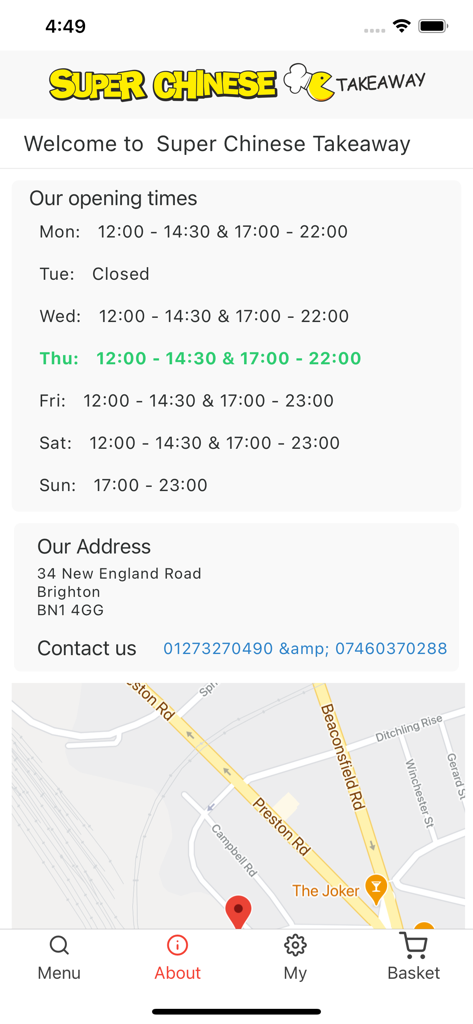 Super Chinese Takeaway - The about screen of the Super Chinese Takeaway app showing opening hours address and location map
